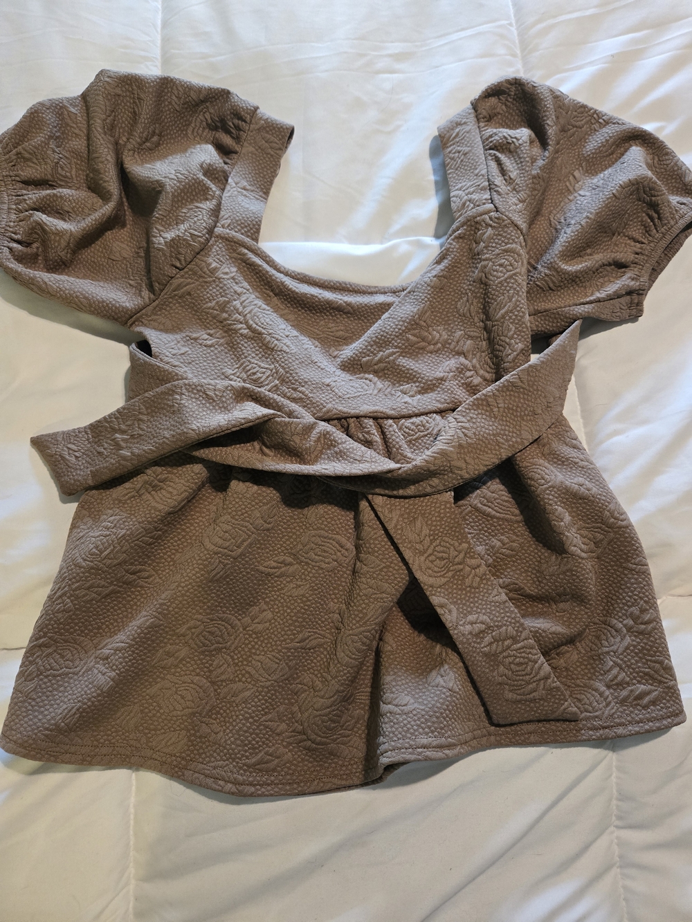 mine Brown Textured Puff-Sleeve Blouse with Waist Tie